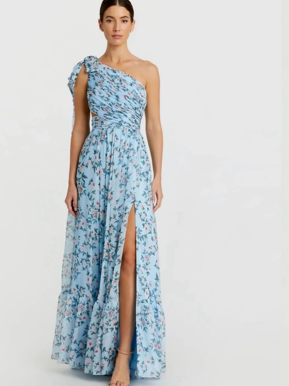 Asymmetrical One-Shoulder Light Blue Floral Maxi Dress